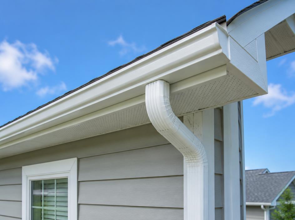 Clean white exterior gutters on a home roofline