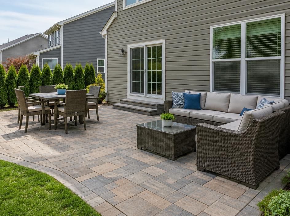 Clean paver patio behind a home